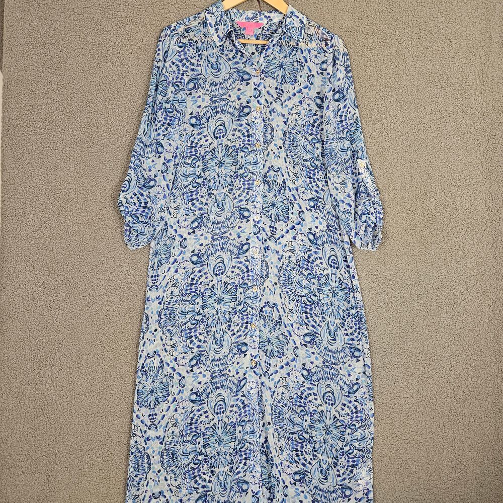 Lilly Pulitzer Natalie Maxi Cover Up Womens Small Blue Sheer Button Front